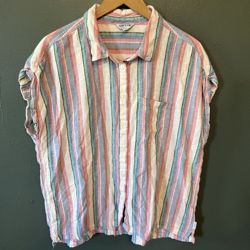 Orvis Womens Linen Blend Button Down Shirt Striped Short Sleeve Relaxed Fit XL